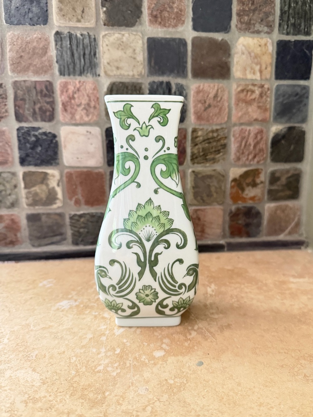 Green and White Floral Chinoiserie Ceramic Vase